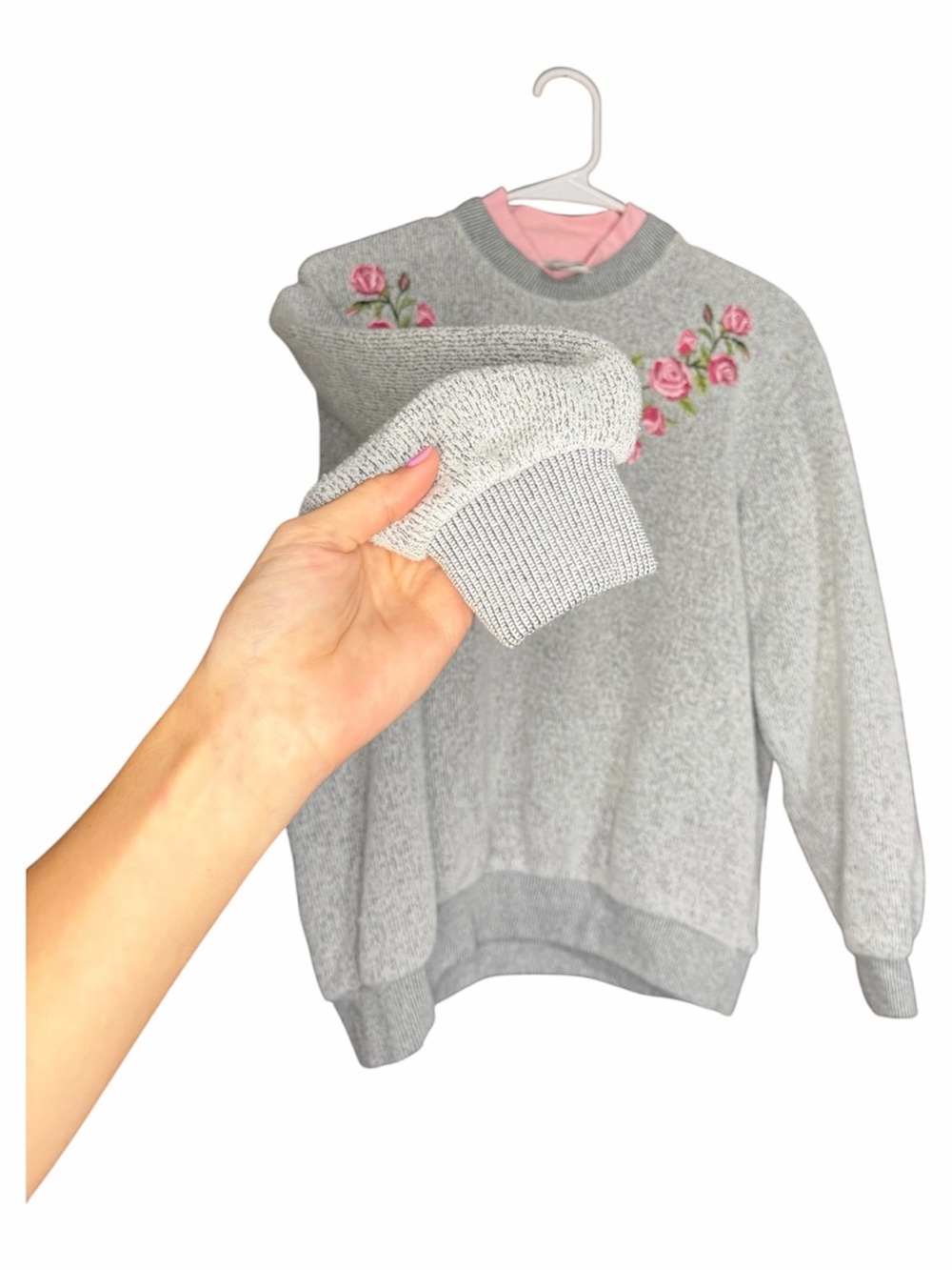 Vintage BonWorth Gray Knit Sweater with Pink Rose Embroidery - Picture 6 of 6